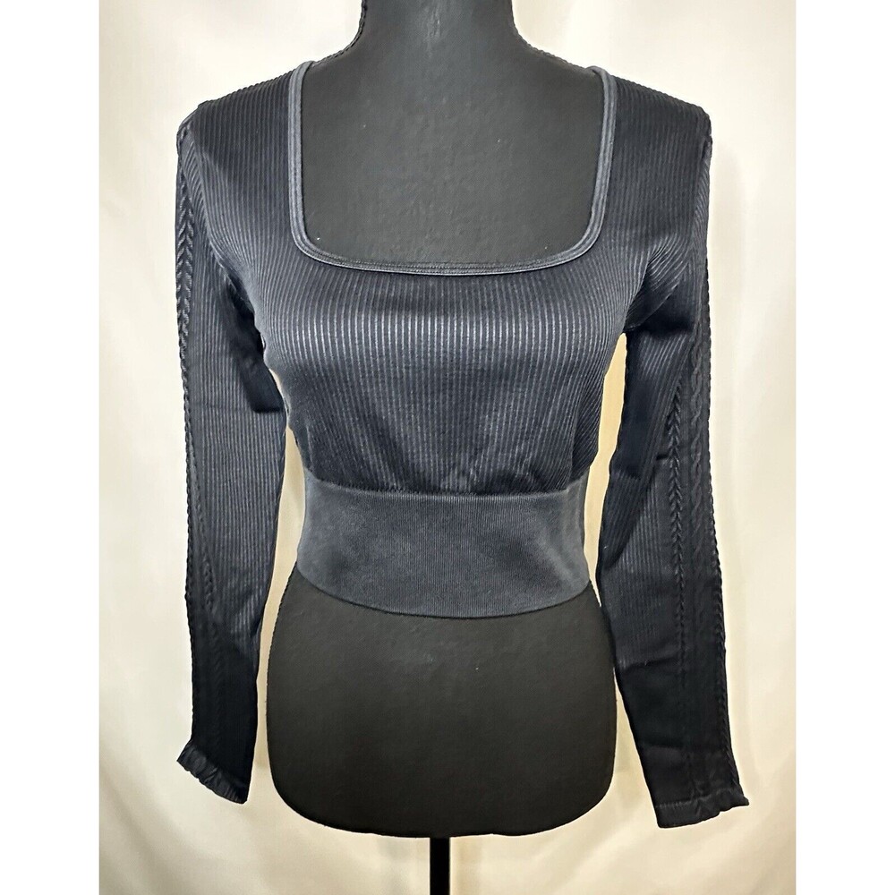 AERIE Ribbed Cable‎ Square Neck Long Sleeve Crop Black Shirt LARGE NWT
